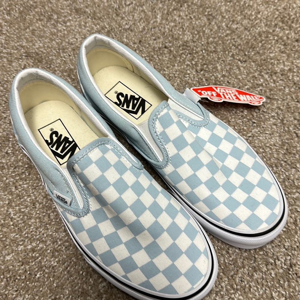 New light blue check vans slip ons